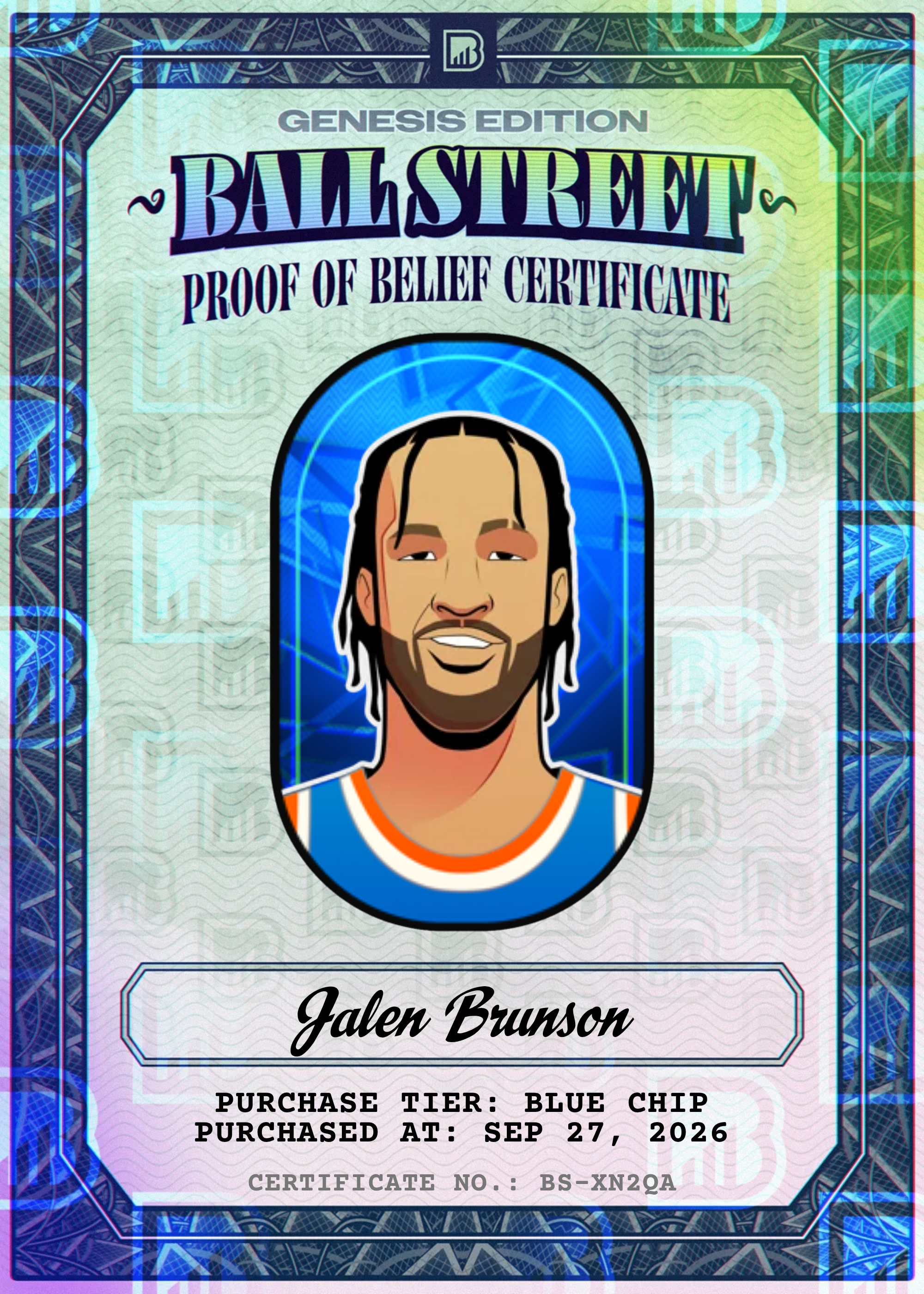 Proof of Belief certificate for Jalen Brunson